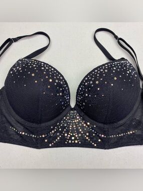 La Senza Black Lace Longline Rhinestone Push-Up Bra 34B NWOT *P1029